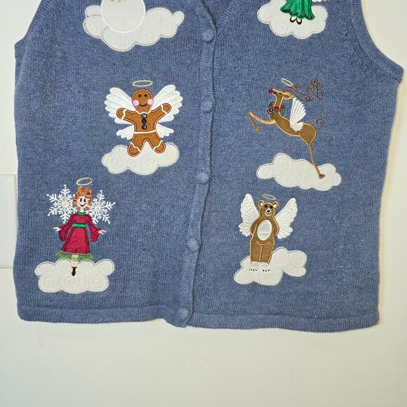Vintage Christmas Granny Embroidered Angels Sweater Vest Cat Dog Waistcoat Sz M - Picture 3 of 7